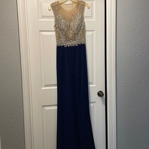 Navy blue, Long slit Prom dress. Sheer top. Form fitting